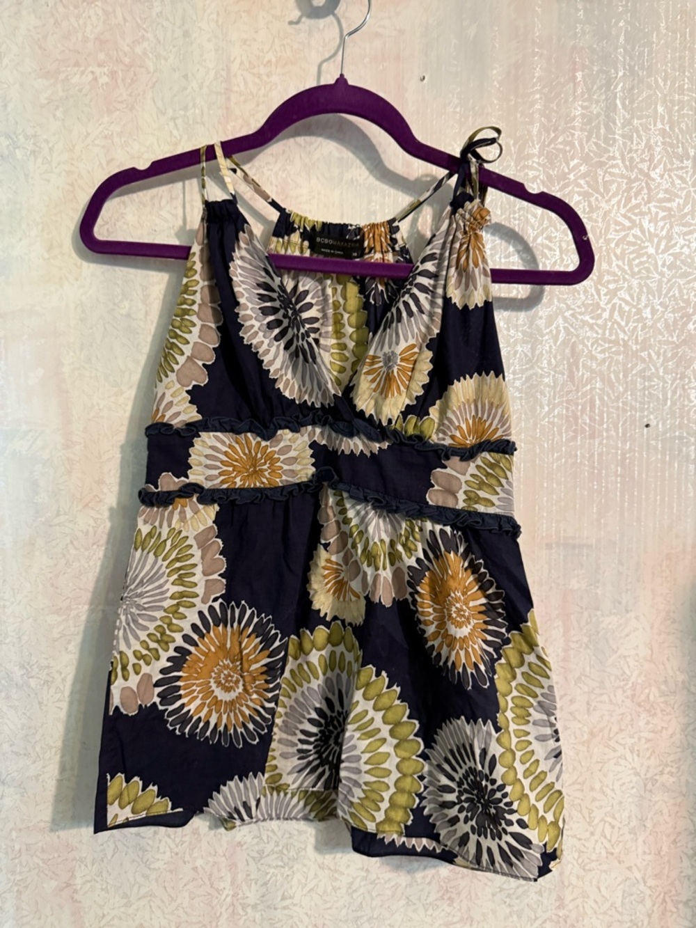 BCBGMaxAzria Navy Floral Halter With Shoulder Tie Olive and Mustard Accents